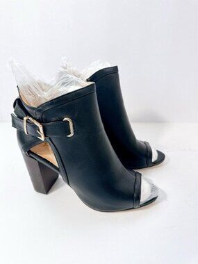 Size 8 Women’s Black Peep Toe Ankle Booties Block Heel Buckle Open Back Heels